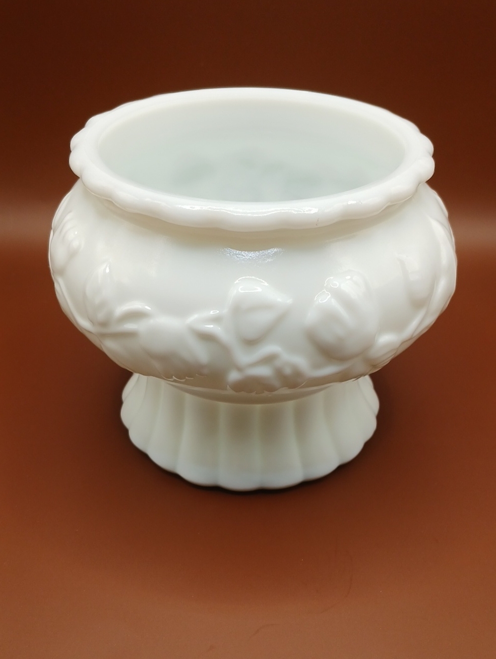 Vintage Heavy White Milk Glass Emobossed Candy Pedestal Bowl Dish